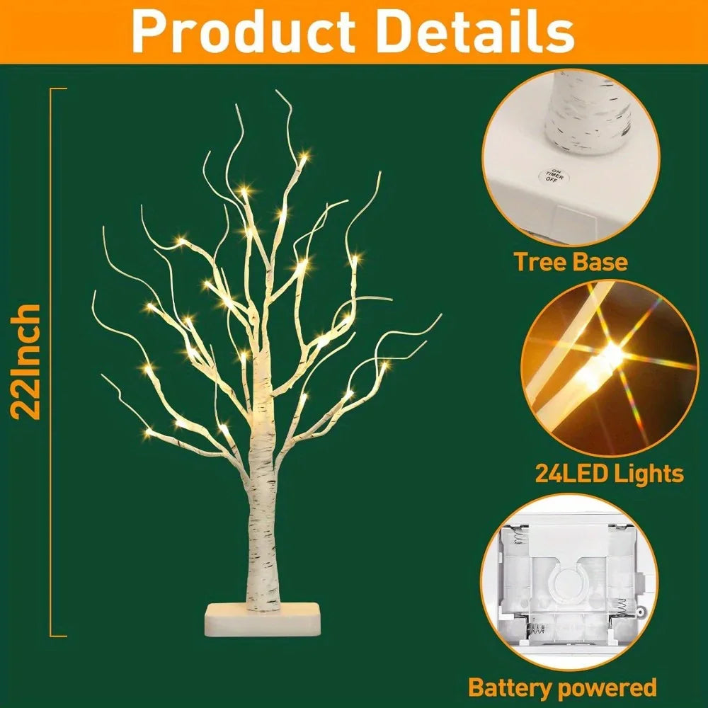 Birch Tree with Led Lights, White Christmas Tree Decorations Indoor with Timer, Lighted Mini Small Artificial Lamp Prelit Twig Tree Battery Operated for Table Centerpiece Home Decor 4Pack House Of Avana