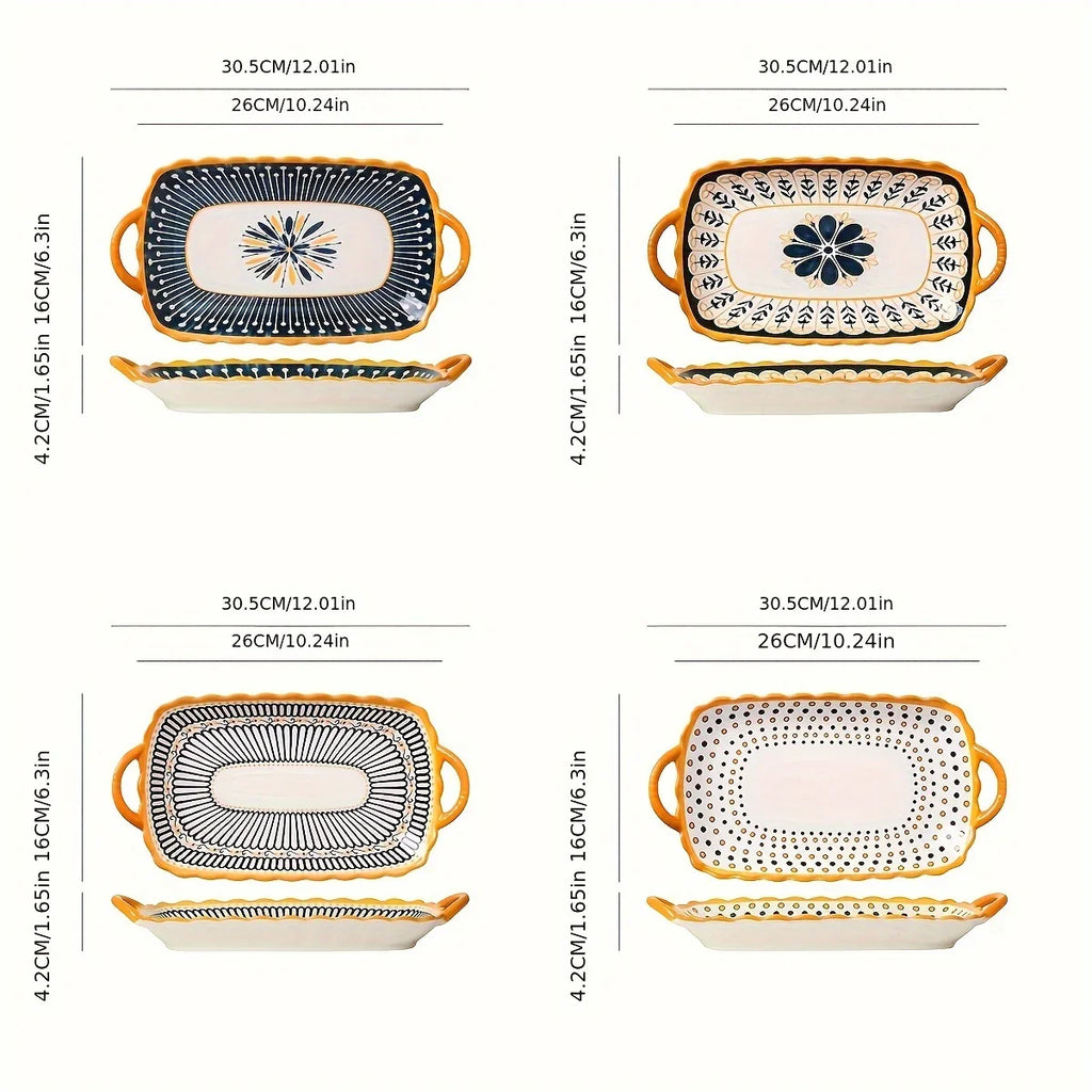 Set of 4 Hand-Painted Creative Ceramic Plates with Handles - House Of Avana