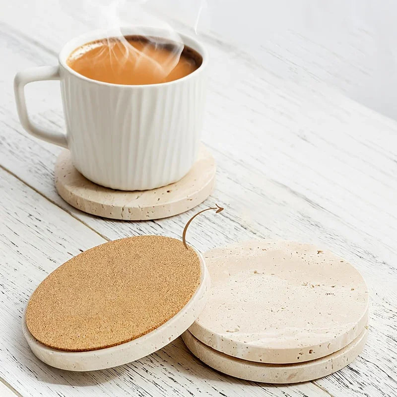 Set of 4 Natural Beige & Marble Coasters with Non-Slip Cork Backing - 10.16cm Round Stone Drink Coasters, Beige/White/Gray/Black Marble Patterns, Sturdy & Durable Table Protectors for Home Decor, Housewarming Wedding Gift, Sc House Of Avana [[SKU:HOA-TBL-011]]