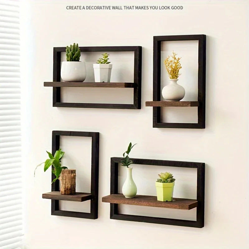 4pcs Vintage Wooden Wall Shelf Set, Black and Brown Square Display with Hook, Multi-Purpose for Photo, Candle, Flower, Album, Potted Plant, Wall Hanging Decor, Suitable for Living Room and Office, Floating Shelves House Of Avana