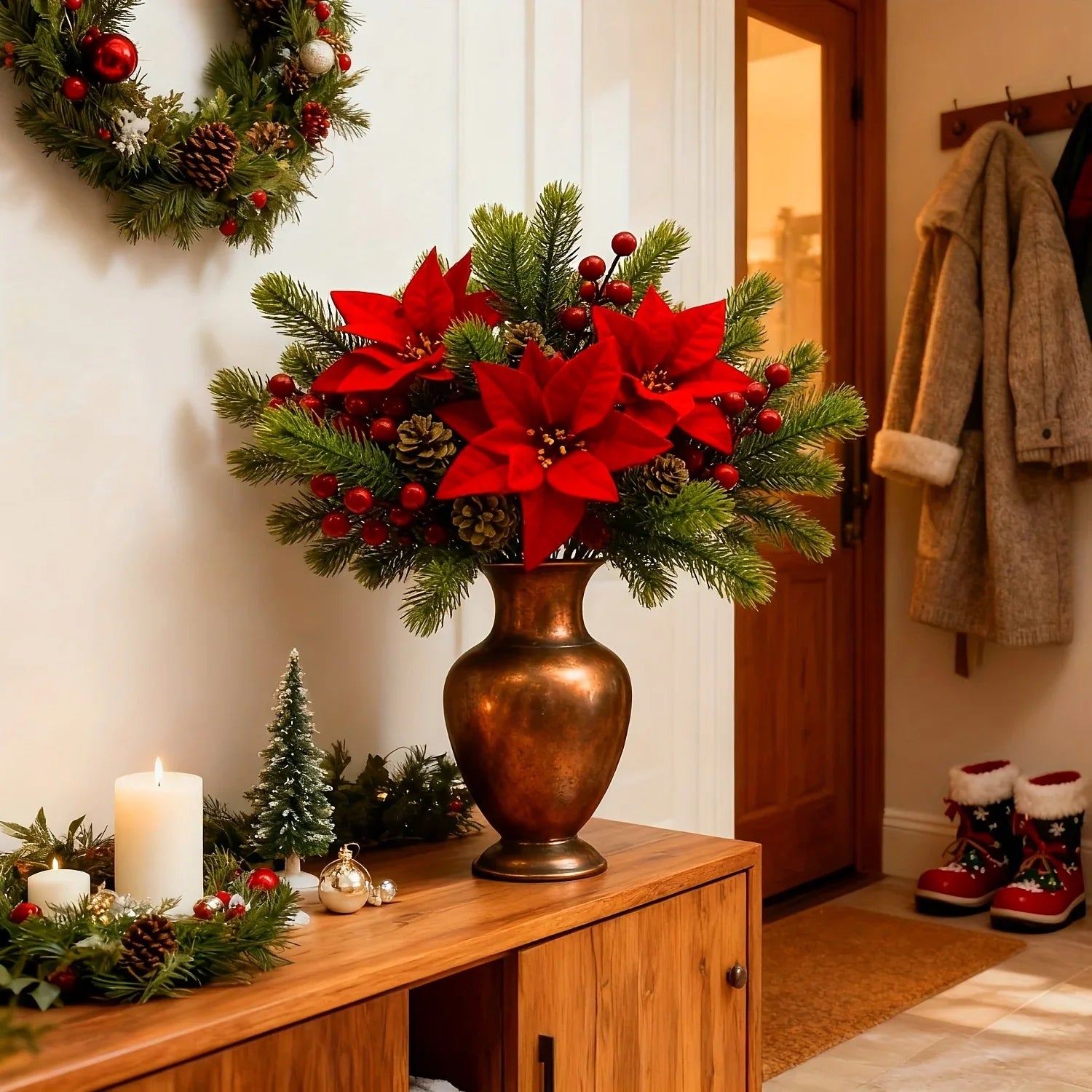 5-Pack Premium Poinsettia Pine Branch Artificial Flowers with Faux Pinecones and Berries Bouquet - Holiday Faux Flower Decor, Suitable for Home Decor, Wreath Decor, Christmas Theme, Christmas, DIY Indoor and Outdoor Wedding P House Of Avana