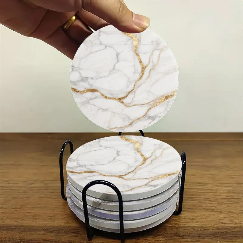 Set of 6 charming round ceramic coasters- white pattern with Golden thread, heat- resistant and non- slip beverage mats, suitable for home and restaurant tabletop decoration, perfect housewarming gift House Of Avana
