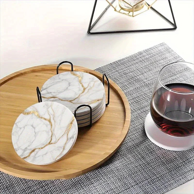 Set of 6 charming round ceramic coasters- white pattern with Golden thread, heat- resistant and non- slip beverage mats, suitable for home and restaurant tabletop decoration, perfect housewarming gift House Of Avana