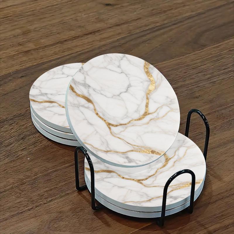 Set of 6 charming round ceramic coasters- white pattern with Golden thread, heat- resistant and non- slip beverage mats, suitable for home and restaurant tabletop decoration, perfect housewarming gift House Of Avana