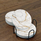 Set of 6 charming round ceramic coasters- white pattern with Golden thread, heat- resistant and non- slip beverage mats, suitable for home and restaurant tabletop decoration, perfect housewarming gift House Of Avana
