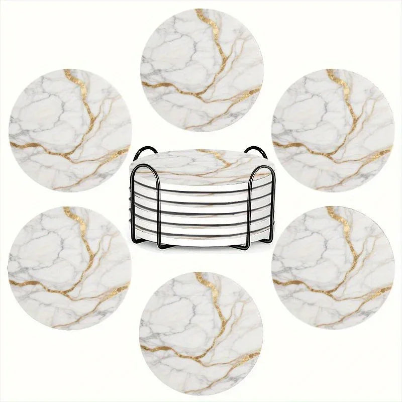 Set of 6 charming round ceramic coasters- white pattern with Golden thread, heat- resistant and non- slip beverage mats, suitable for home and restaurant tabletop decoration, perfect housewarming gift House Of Avana