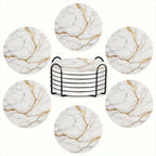 Set of 6 charming round ceramic coasters- white pattern with Golden thread, heat- resistant and non- slip beverage mats, suitable for home and restaurant tabletop decoration, perfect housewarming gift House Of Avana