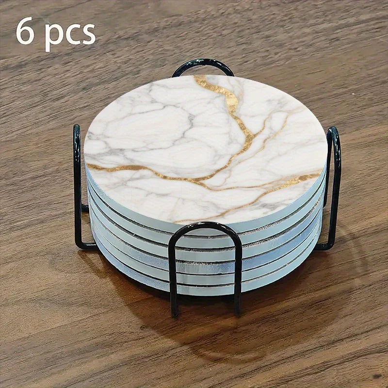Set of 6 charming round ceramic coasters- white pattern with Golden thread, heat- resistant and non- slip beverage mats, suitable for home and restaurant tabletop decoration, perfect housewarming gift House Of Avana