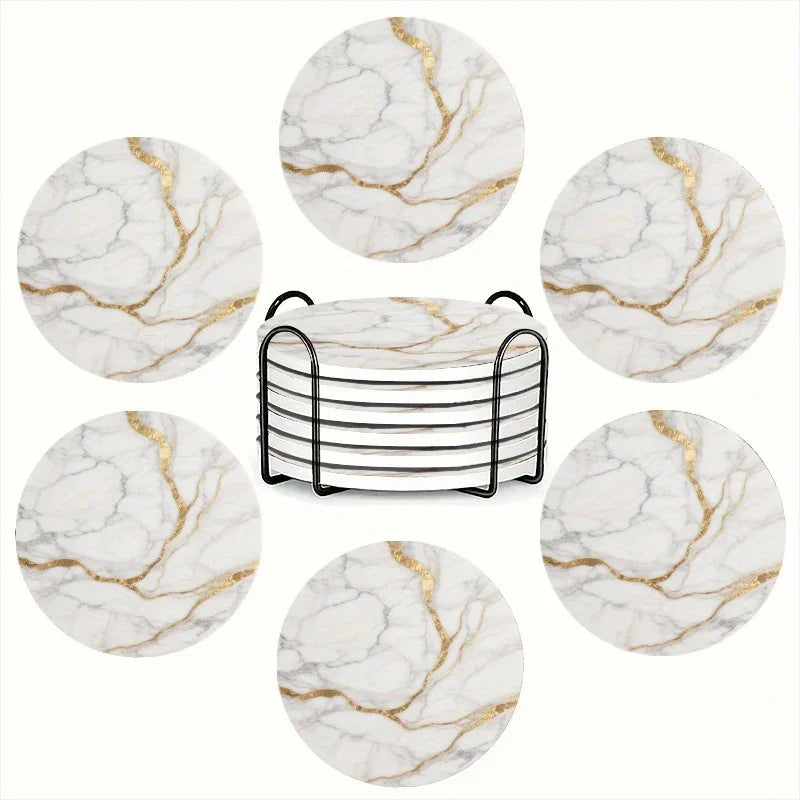 Set of 6 charming round ceramic coasters- white pattern with Golden thread, heat- resistant and non- slip beverage mats, suitable for home and restaurant tabletop decoration, perfect housewarming gift House Of Avana