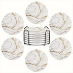 Set of 6 charming round ceramic coasters- white pattern with Golden thread, heat- resistant and non- slip beverage mats, suitable for home and restaurant tabletop decoration, perfect housewarming gift House Of Avana