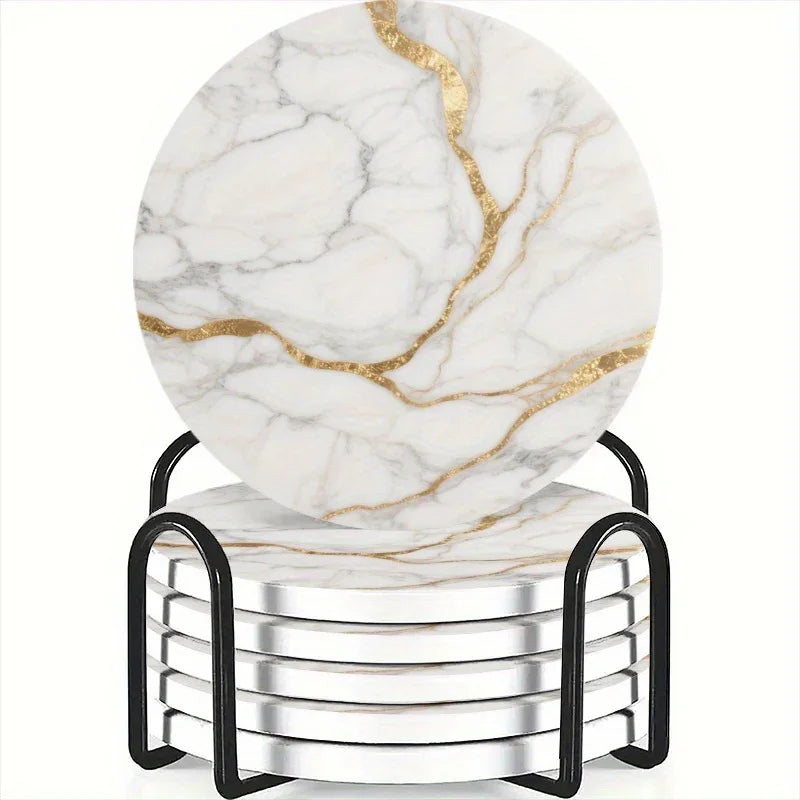 Set of 6 charming round ceramic coasters- white pattern with Golden thread, heat- resistant and non- slip beverage mats, suitable for home and restaurant tabletop decoration, perfect housewarming gift House Of Avana