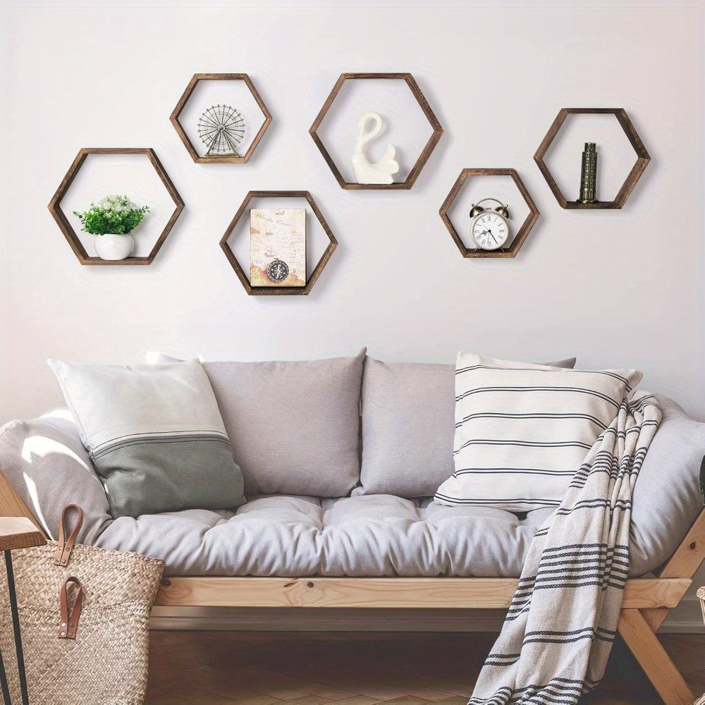 Set of 6 Hexagon Floating Shelves Farmhouse Honeycomb Wall Storage Shelf Wood Display Hexagonal Shelves Wall Mounted Hanging Rustic Shelf Racks for Bedroom Living Room Hallway Office Decor House Of Avana