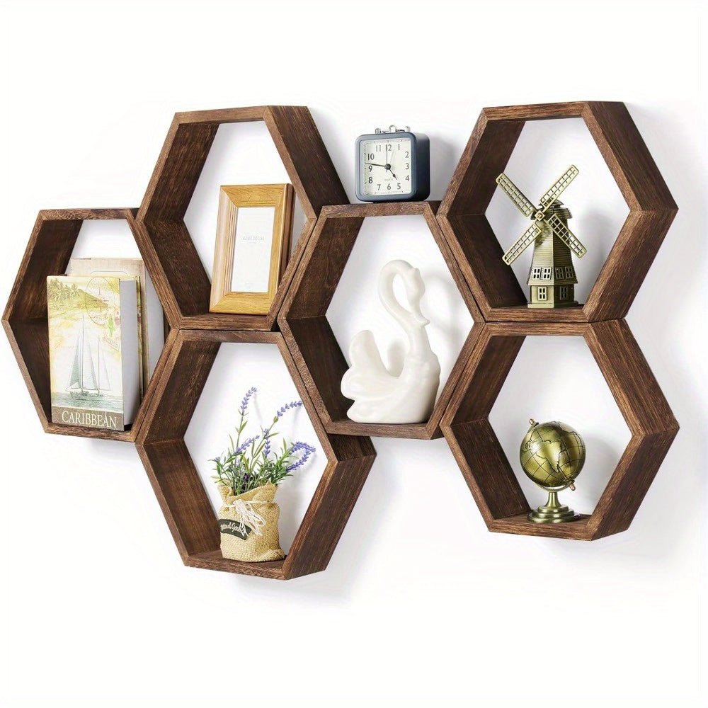 Set of 6 Hexagon Floating Shelves Farmhouse Honeycomb Wall Storage Shelf Wood Display Hexagonal Shelves Wall Mounted Hanging Rustic Shelf Racks for Bedroom Living Room Hallway Office Decor House Of Avana