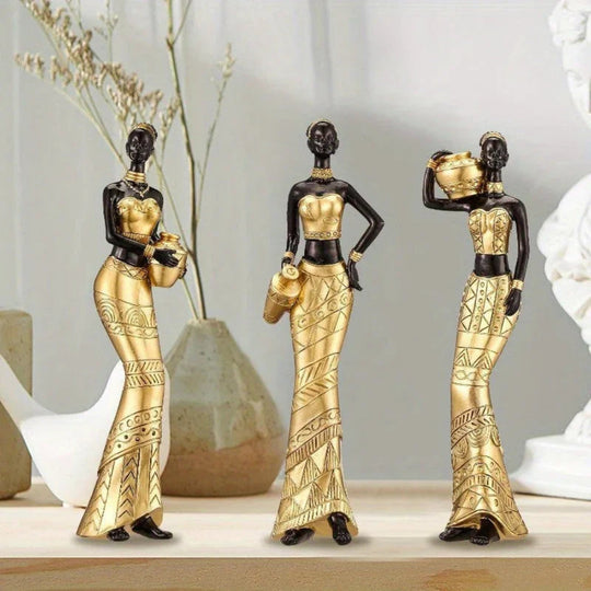 3pcs Vintage Afican Sculptures -Black & Gold Décor - House Of Avana