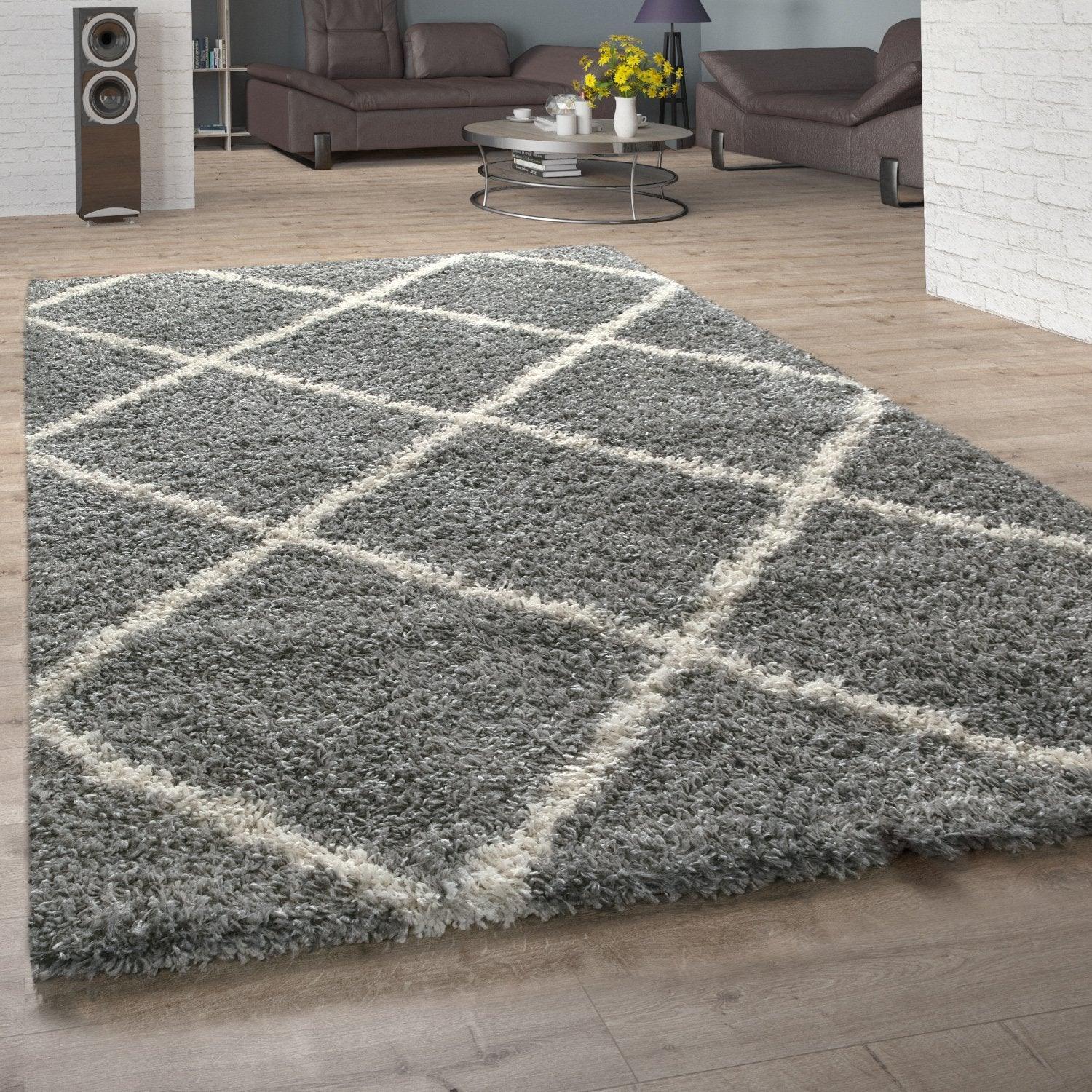Shag Rug Grey with Diamond Pattern Scandi Design RugYourHome