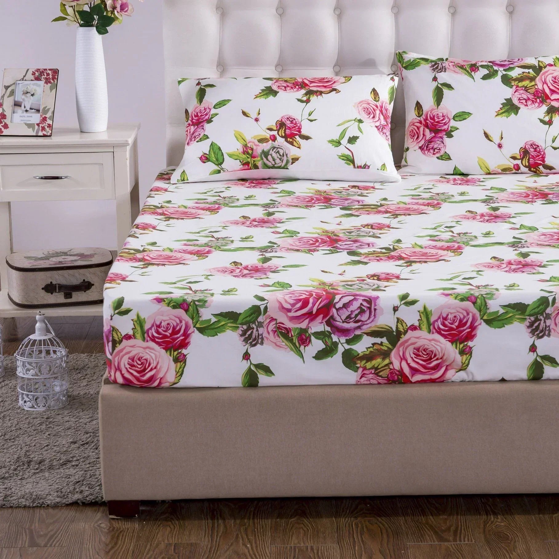 DaDa Bedding Romantic Roses Lovely Spring Pink Floral Fitted Bed Sheet w/ Pillow Cases (JHW879-Fitted) DaDalogy Bedding Collection