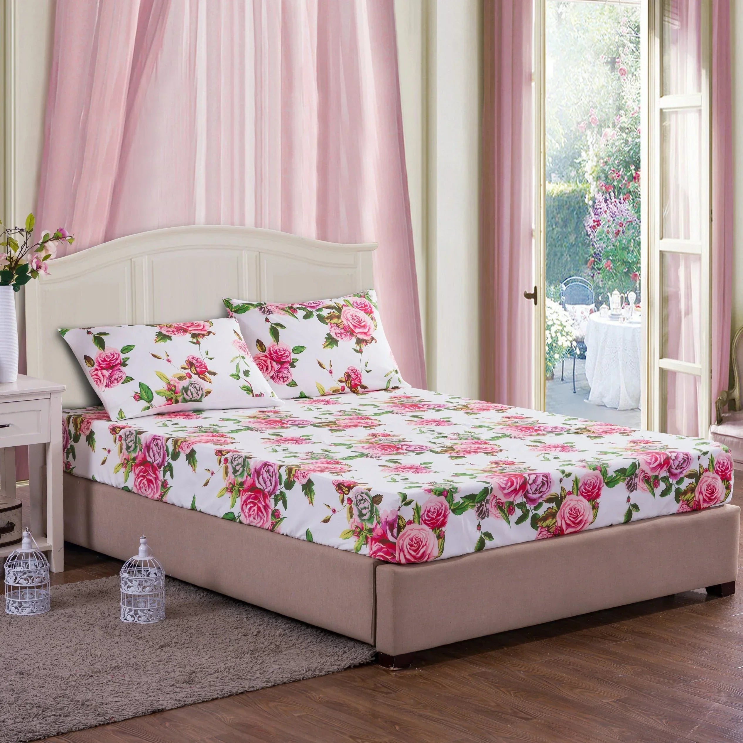 DaDa Bedding Romantic Roses Lovely Spring Pink Floral Fitted Bed Sheet w/ Pillow Cases (JHW879-Fitted) DaDalogy Bedding Collection