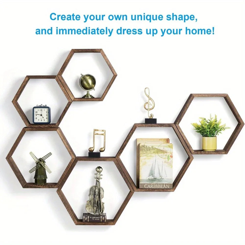 Set of Hexagon Floating Shelves Farmhouse Honeycomb Wall Storage Shelf Wood Display Hexagonal Shelves... - House Of Avana