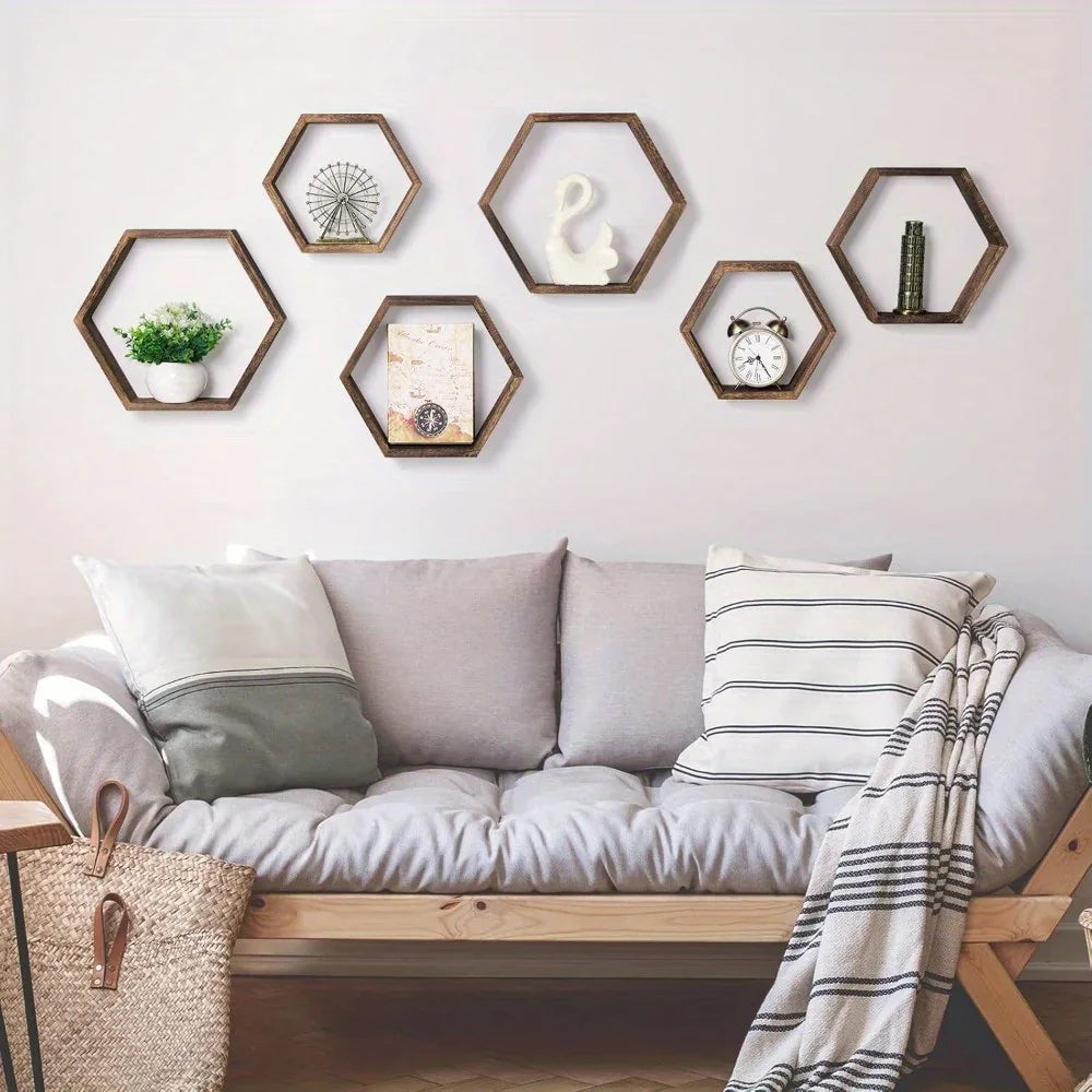 Set of Hexagon Floating Shelves Farmhouse Honeycomb Wall Storage Shelf Wood Display Hexagonal Shelves... - House Of Avana