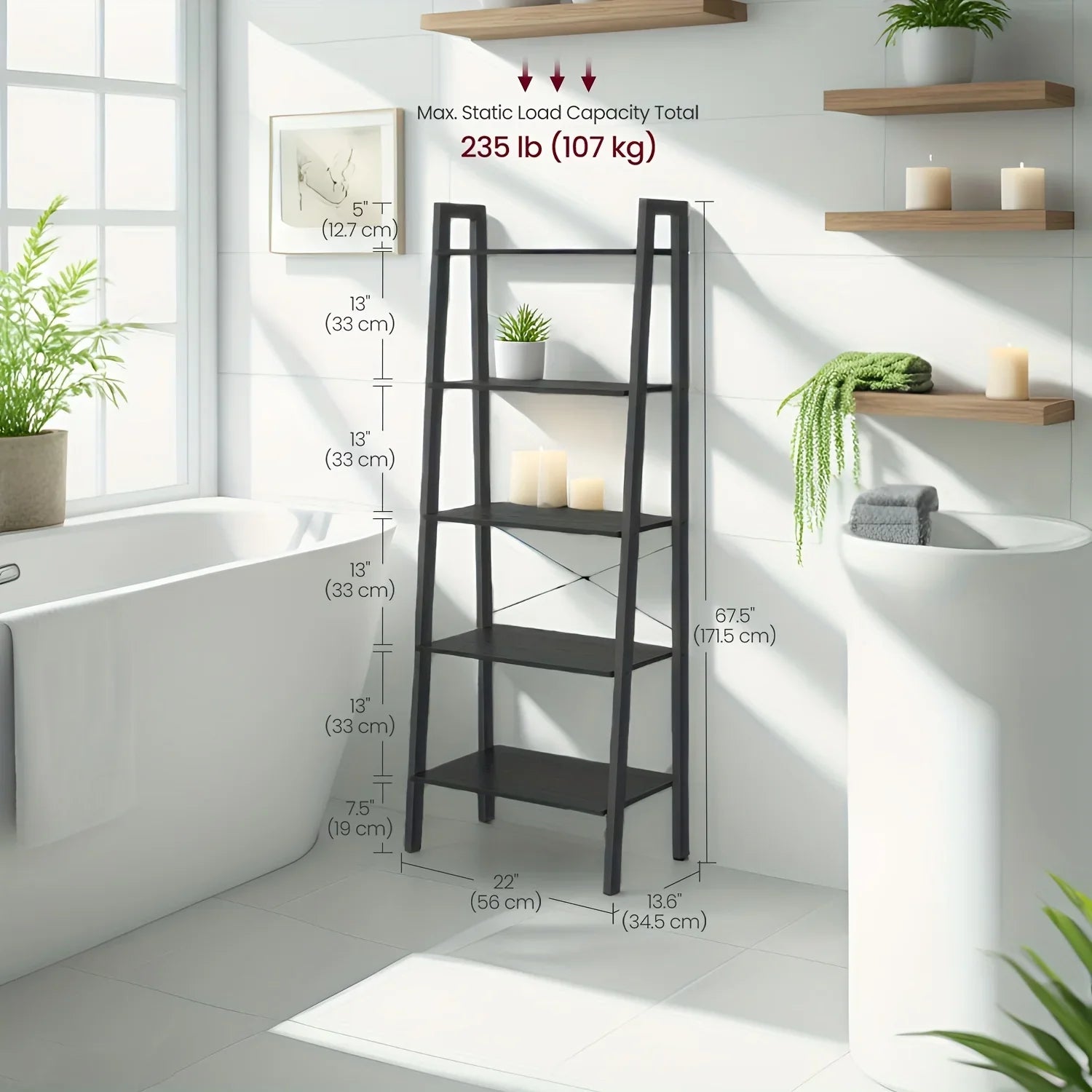 5-tier Ladder Shelf, Storage Rack Bookcase with Steel Frame for Living Room, Home Office, Kitchen,... - House Of Avana