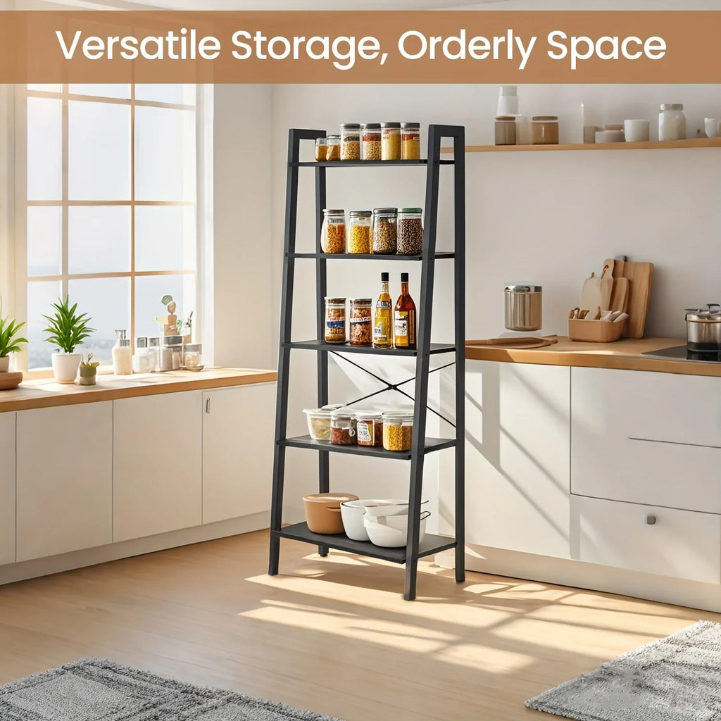 5-tier Ladder Shelf, Storage Rack Bookcase with Steel Frame for Living Room, Home Office, Kitchen,... - House Of Avana
