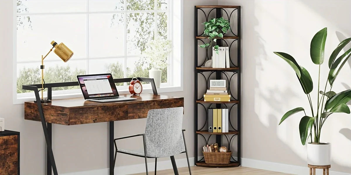 170.18cm Tall Heavy-duty Metal Corner Bookshelf - Space-saving 6-tier Storage Shelf, Sturdy Floor... - House Of Avana
