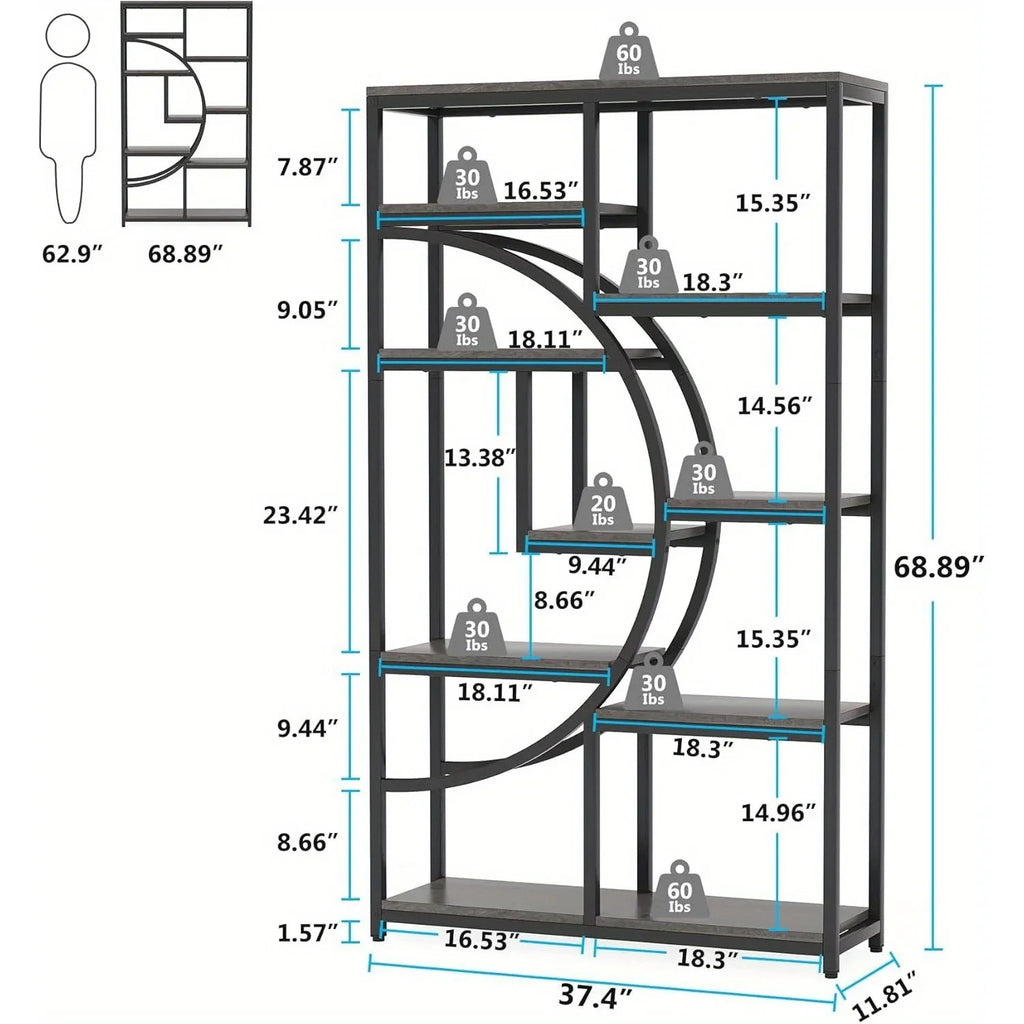 Bookshelf Industrial Tier Etagere Bookcase, Freestanding Tall Bookshelves Display Shelf Storage... - House Of Avana