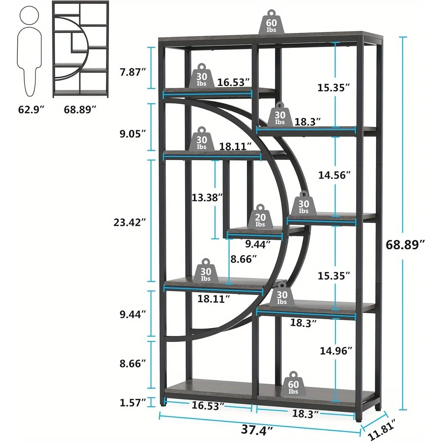 Bookshelf Industrial Tier Etagere Bookcase, Freestanding Tall Bookshelves Display Shelf Storage... - House Of Avana