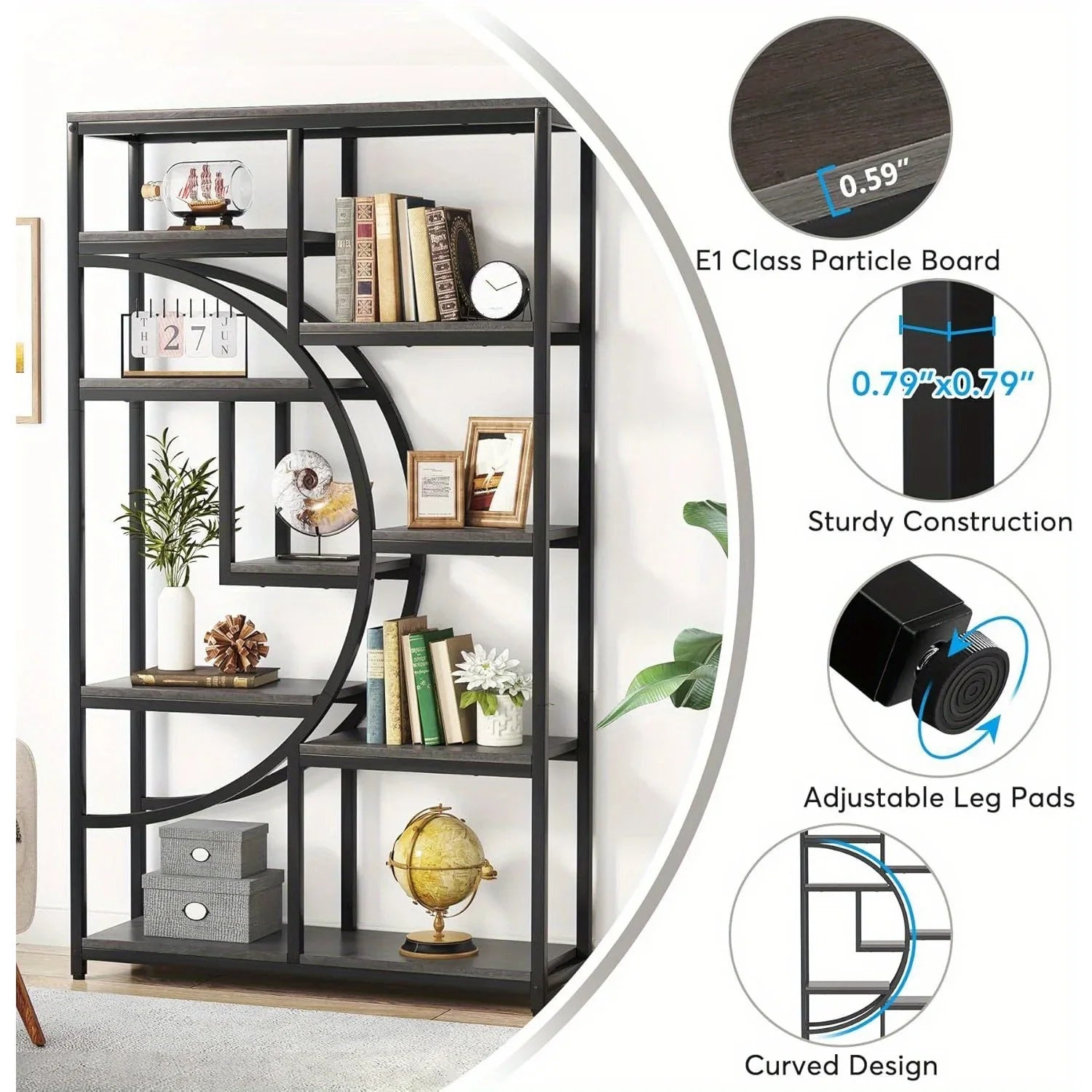 Bookshelf Industrial Tier Etagere Bookcase, Freestanding Tall Bookshelves Display Shelf Storage... - House Of Avana