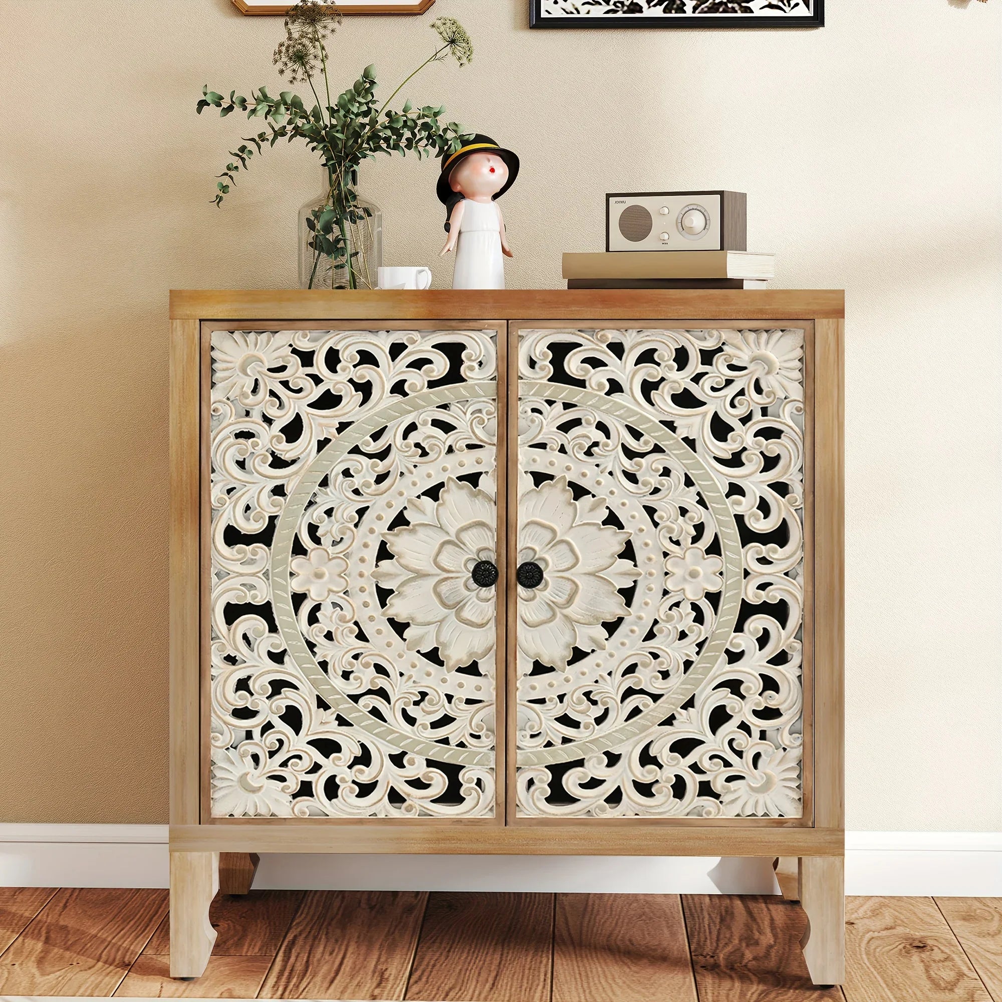 Accent Cabinet with Storage, Buffet Cabinet with Carved Doors, Solid Wood Sideboard Buffet with... - House Of Avana