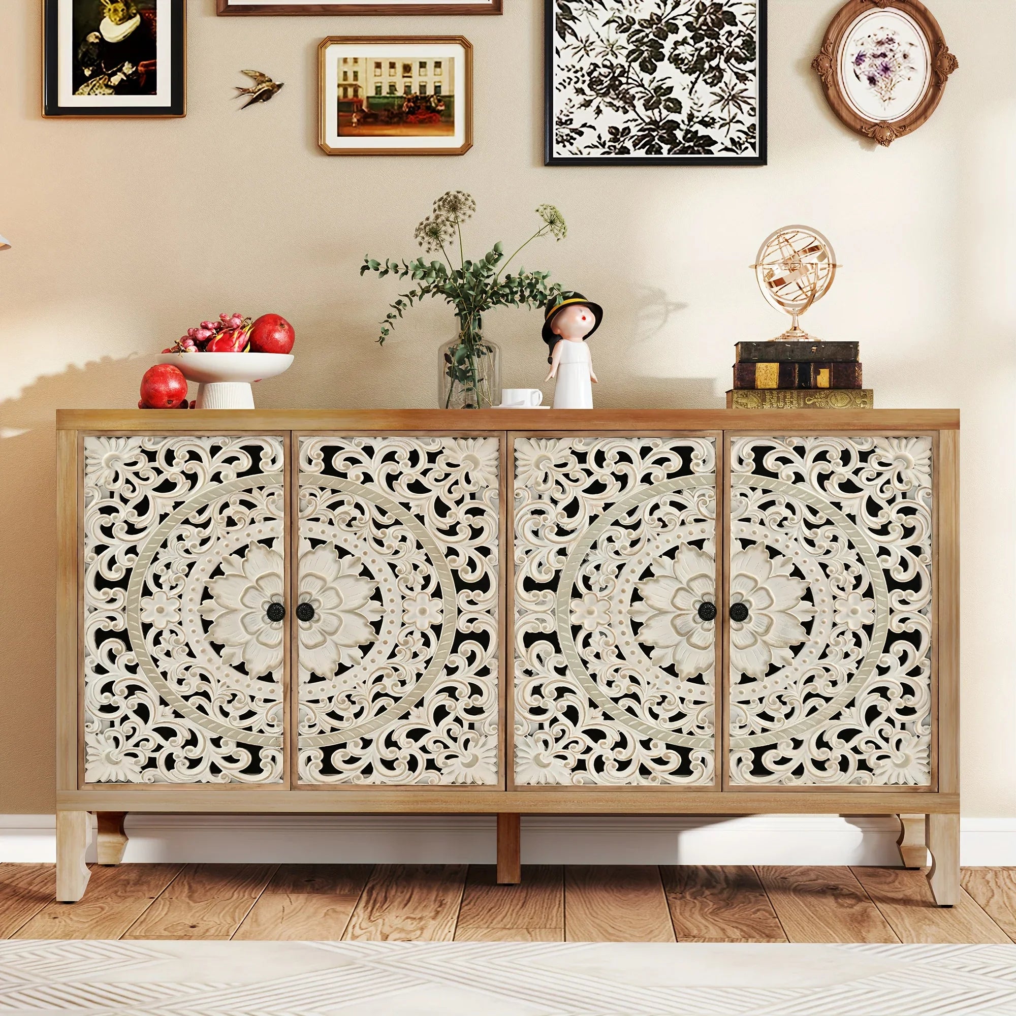 Accent Cabinet with Storage, Buffet Cabinet with Carved Doors, Solid Wood Sideboard Buffet with... - House Of Avana