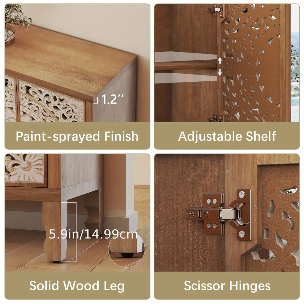 Accent Cabinet with Storage, Buffet Cabinet with Carved Doors, Solid Wood Sideboard Buffet with... - House Of Avana
