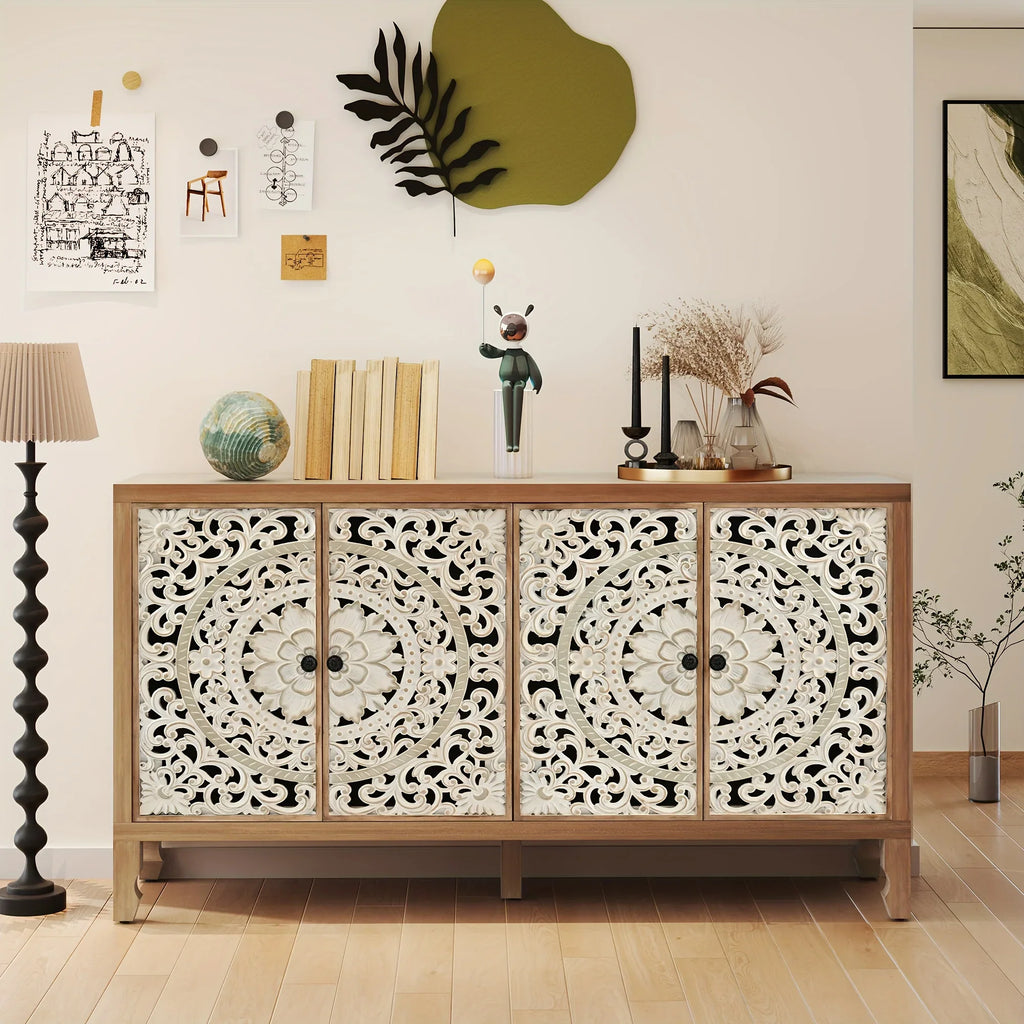 Accent Cabinet with Storage, Buffet Cabinet with Carved Doors, Solid Wood Sideboard Buffet with... - House Of Avana