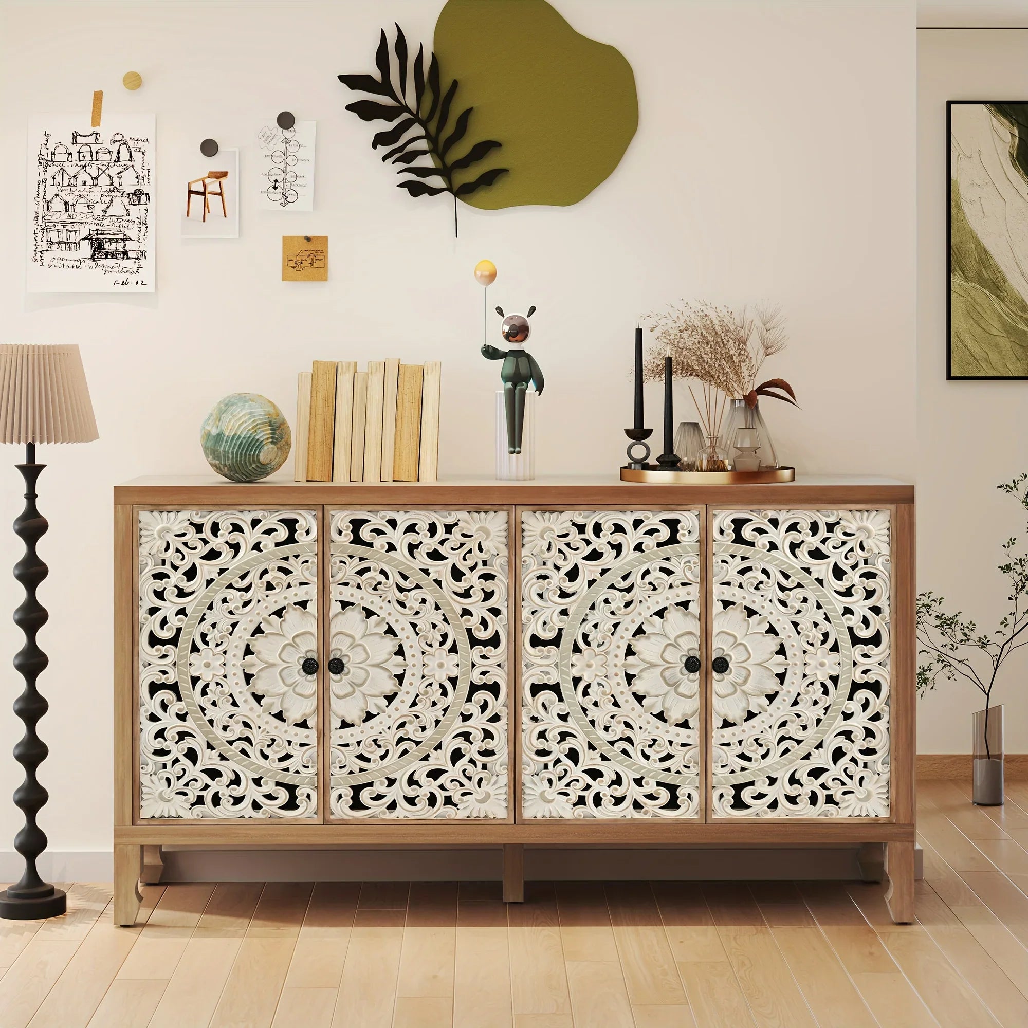 Accent Cabinet with Storage, Buffet Cabinet with Carved Doors, Solid Wood Sideboard Buffet with... - House Of Avana