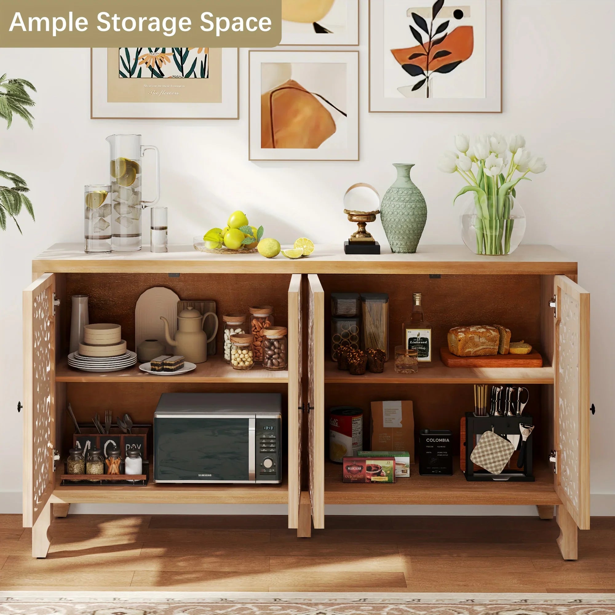 Accent Cabinet with Storage, Buffet Cabinet with Carved Doors, Solid Wood Sideboard Buffet with... - House Of Avana