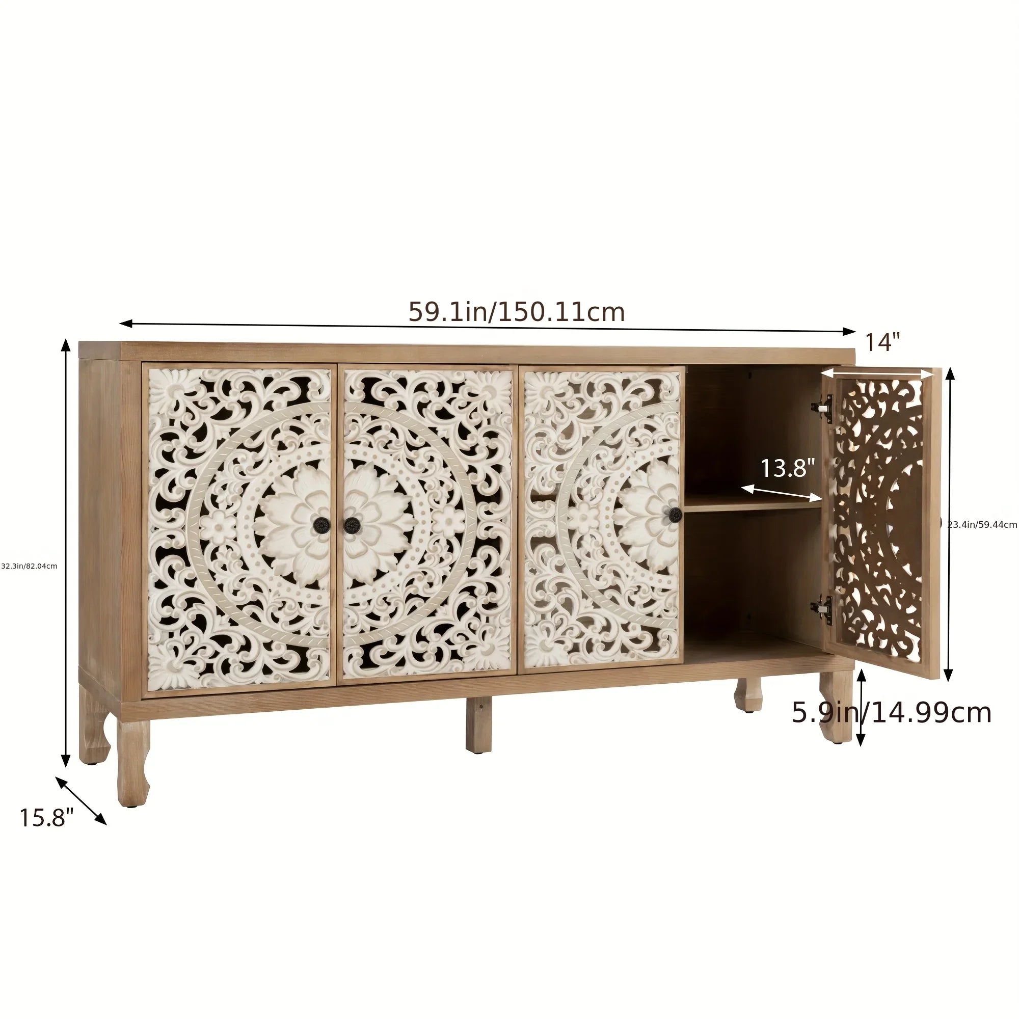 Accent Cabinet with Storage, Buffet Cabinet with Carved Doors, Solid Wood Sideboard Buffet with... - House Of Avana