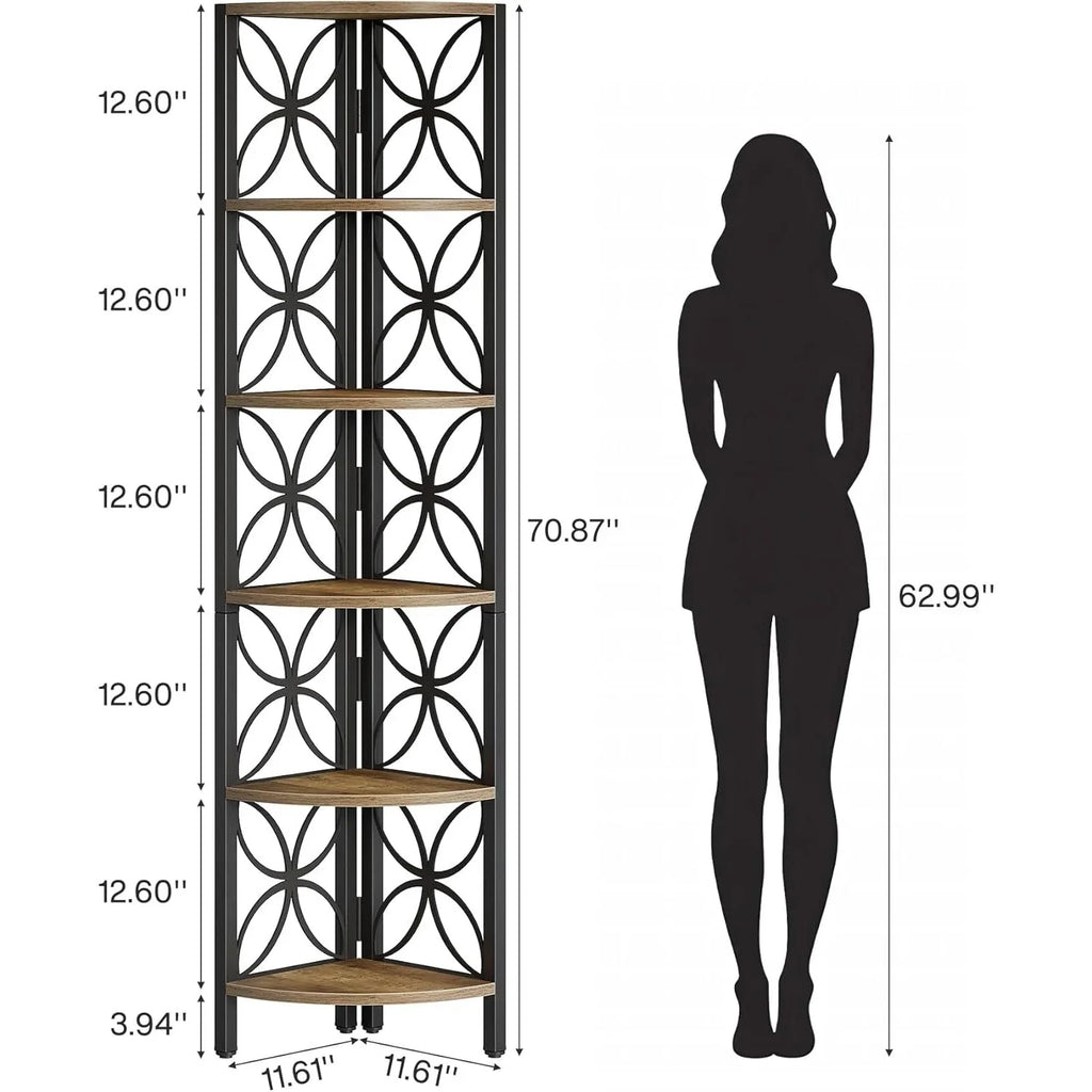 6-tier Corner Shelf, Industrial 70.9" Rustic Corner Bookshelf Display Shelf for Living Room, Wooden... - House Of Avana