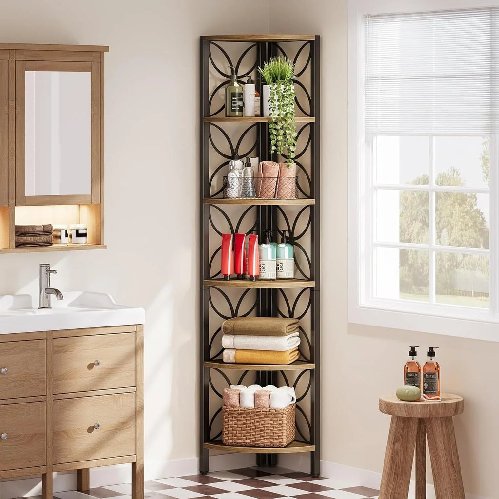 6-tier Corner Shelf, Industrial 70.9" Rustic Corner Bookshelf Display Shelf for Living Room, Wooden... - House Of Avana