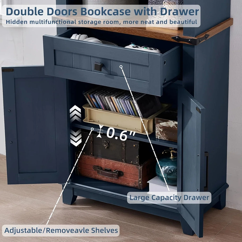 Farmhouse Bookcase with Storage Cabinet, 72" Tall Bookshelf with Adjustable Shelves, 4-tier Open Wood... - House Of Avana