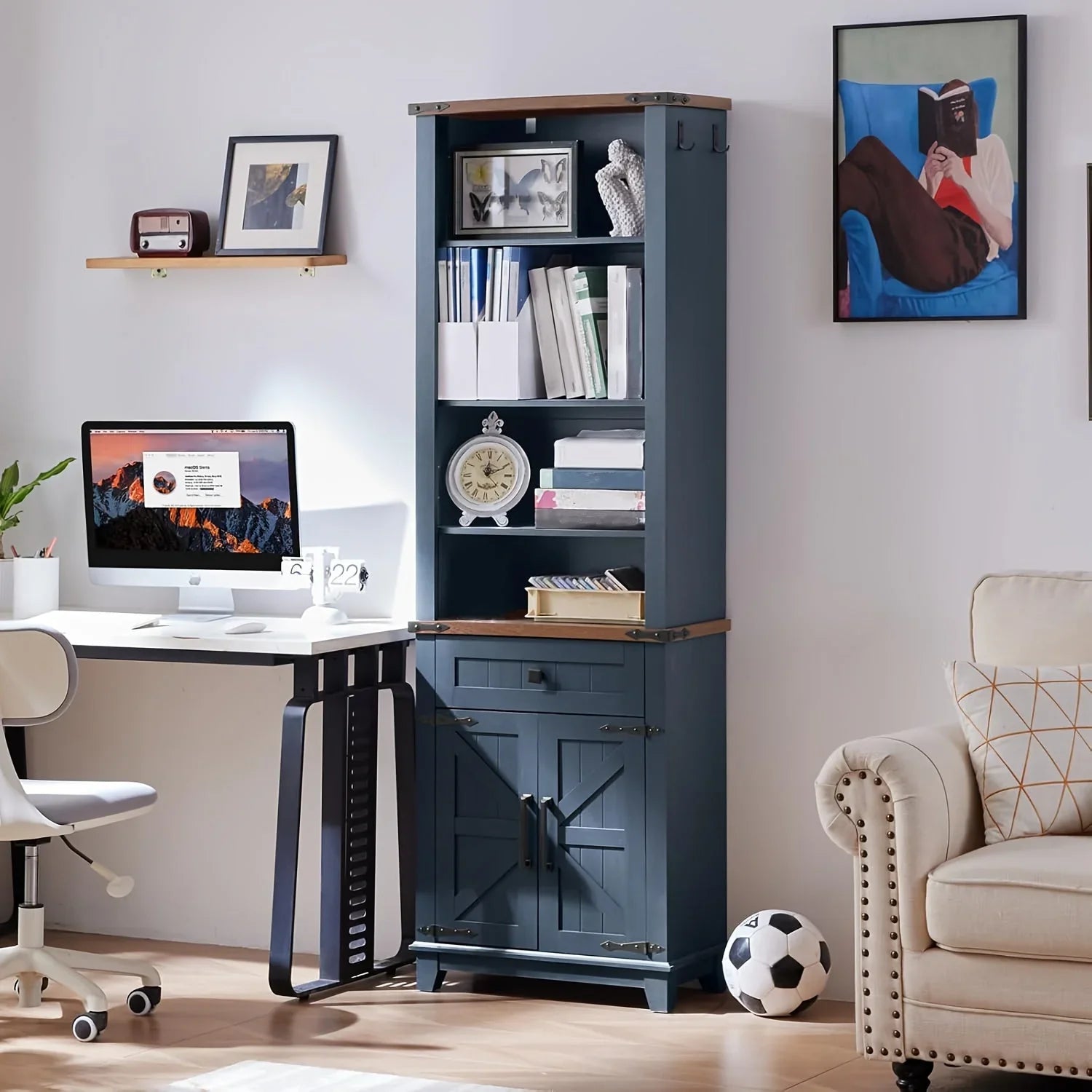 Farmhouse Bookcase with Storage Cabinet, 72" Tall Bookshelf with Adjustable Shelves, 4-tier Open Wood... - House Of Avana