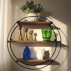 Round 3-tier Wood & Metal Floating Wall Shelf, back view - House Of Avana
