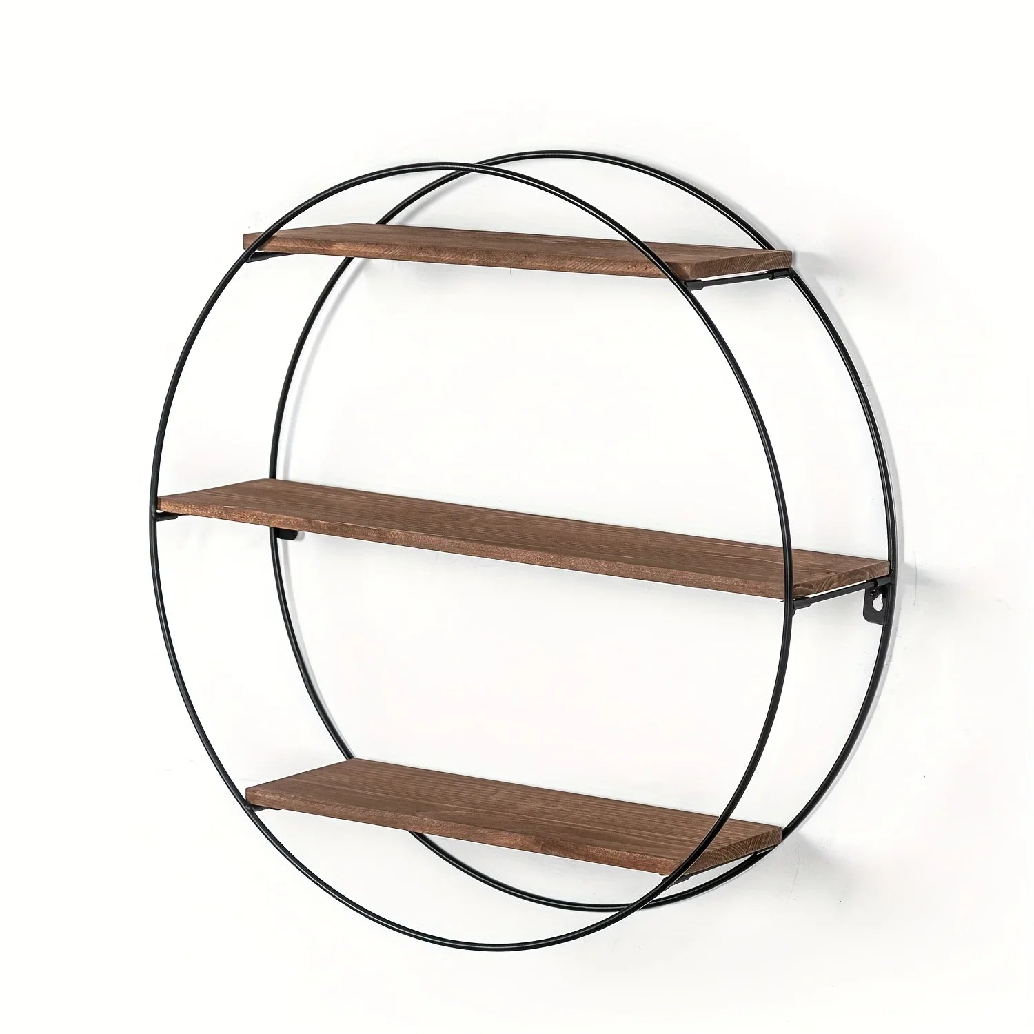 Round 3-tier Wood & Metal Floating Wall Shelf, dimensions view - House Of Avana