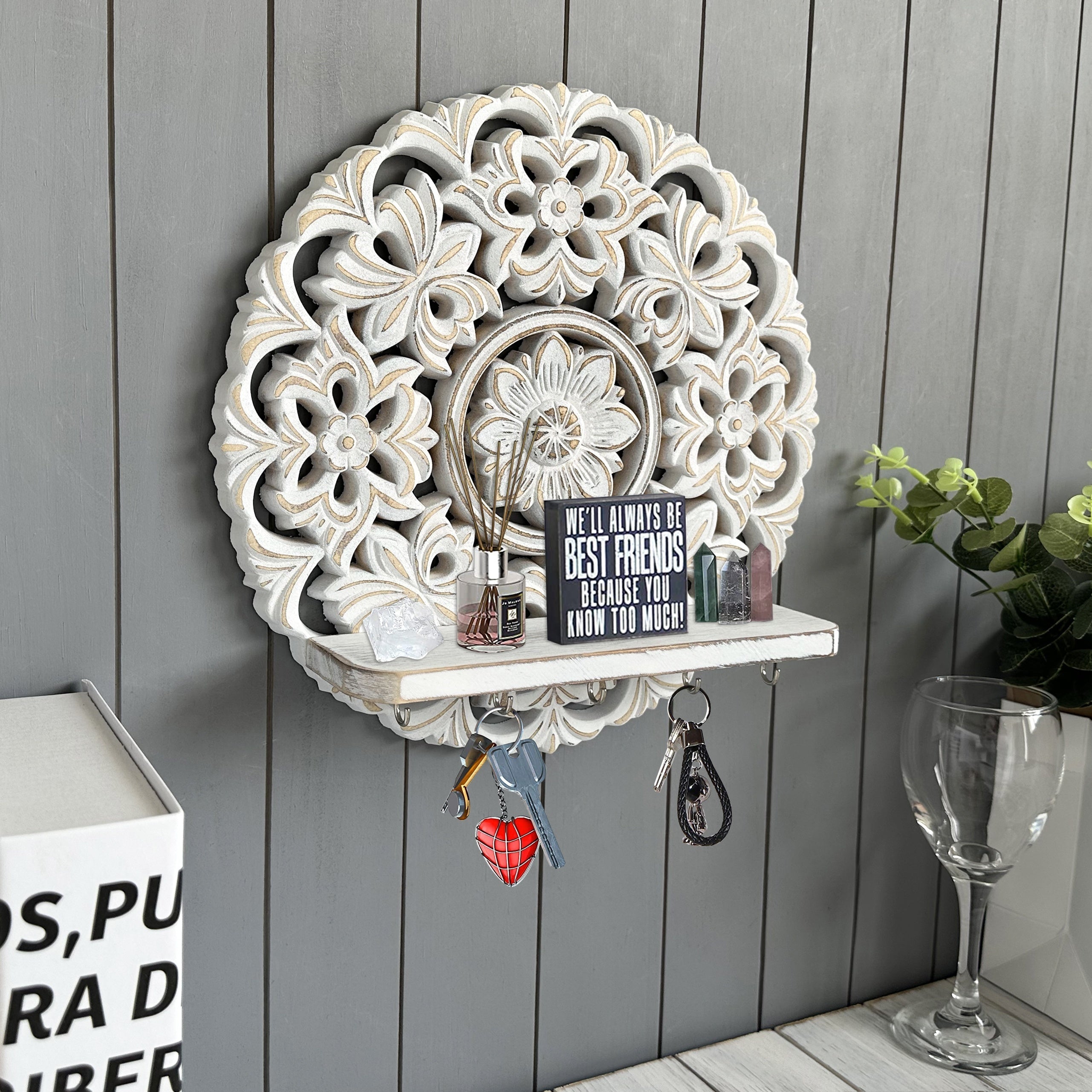 Shelf - Rustic Whitewashed Wood Wall, angled view - House Of Avana