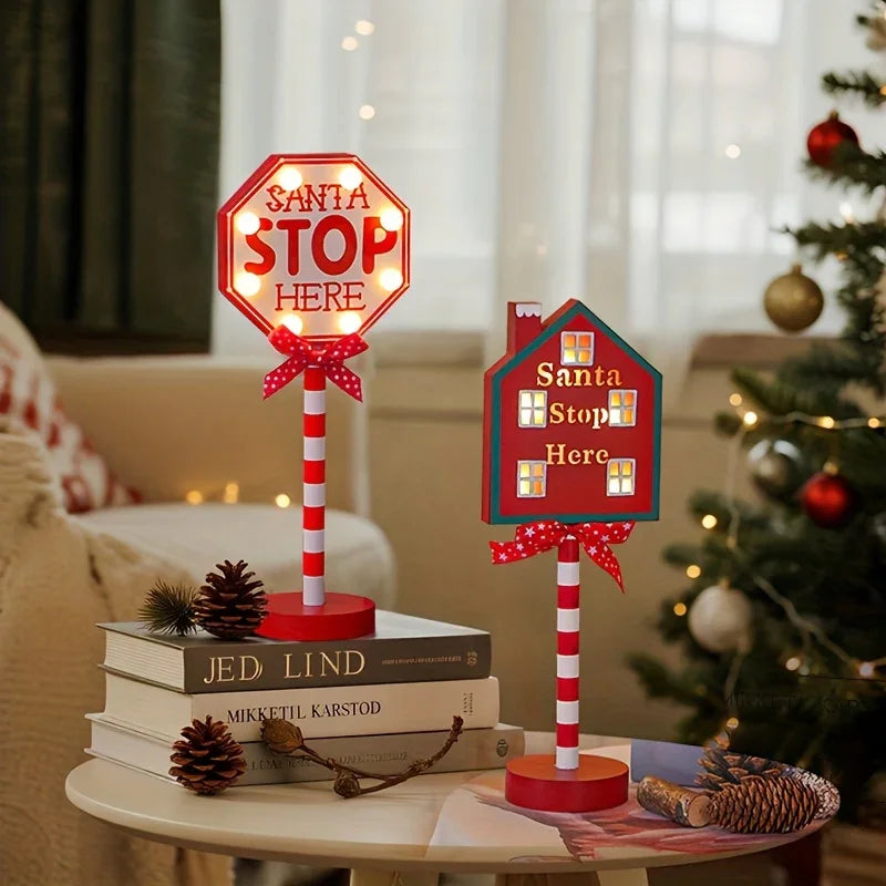 Shenzhi Tech Self-Lit Christmas LED Parking Sign Light with Santa Claus & "SANTA STOP HERE" Text - Outdoor/Indoor Tabletop Holiday Decoration, Plug-and-Play Button Control, Energy-Saving Smart for Porch, Garden, Home (Plastic House Of Avana