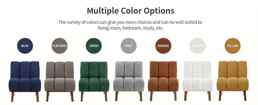 Color options chart showing the tufted sherpa chair in blue, flax gray, green, gray, orange, off-white, and yellow.