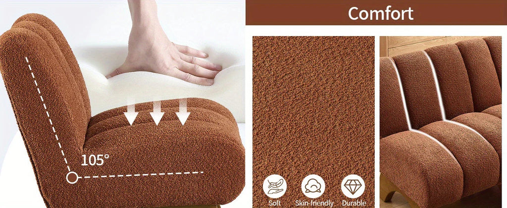 Beige Sherpa fabric armless chair with wooden legs, plush upholstery - House of Avana