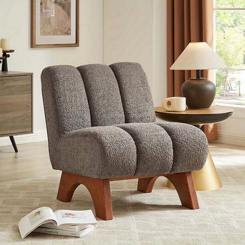 Beige Sherpa fabric armless chair with wooden legs, plush upholstery - House of Avana