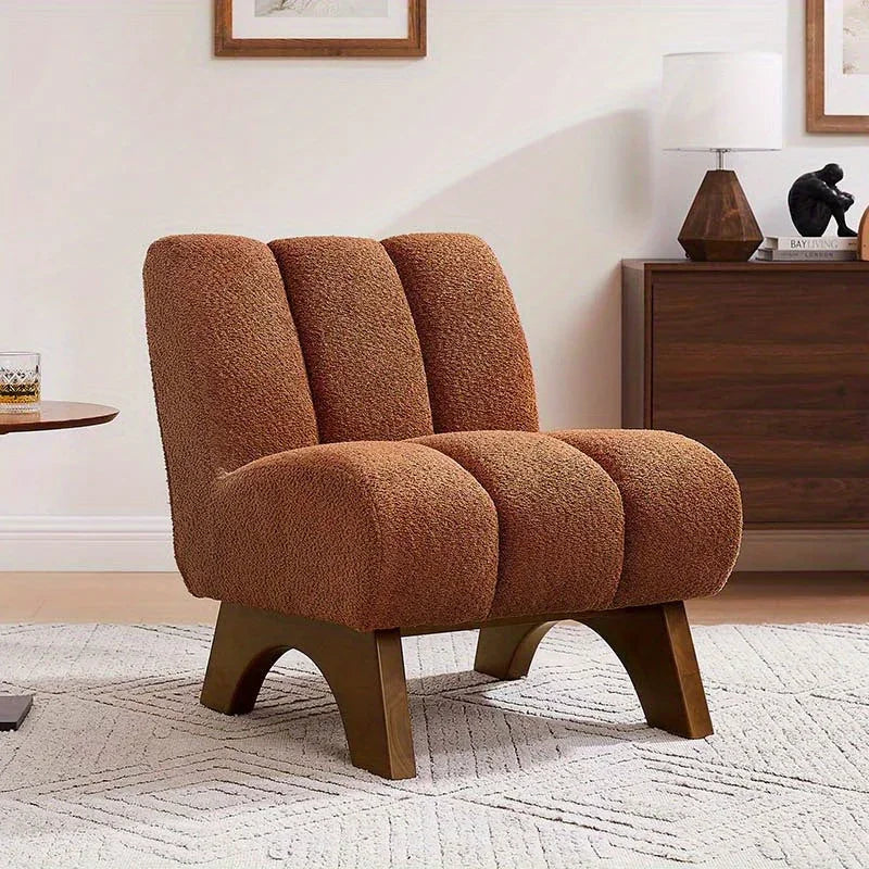 Beige Sherpa fabric armless chair with wooden legs, plush upholstery - House of Avana