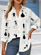 Shirt - Cat Print Cotton Long-Sleeve