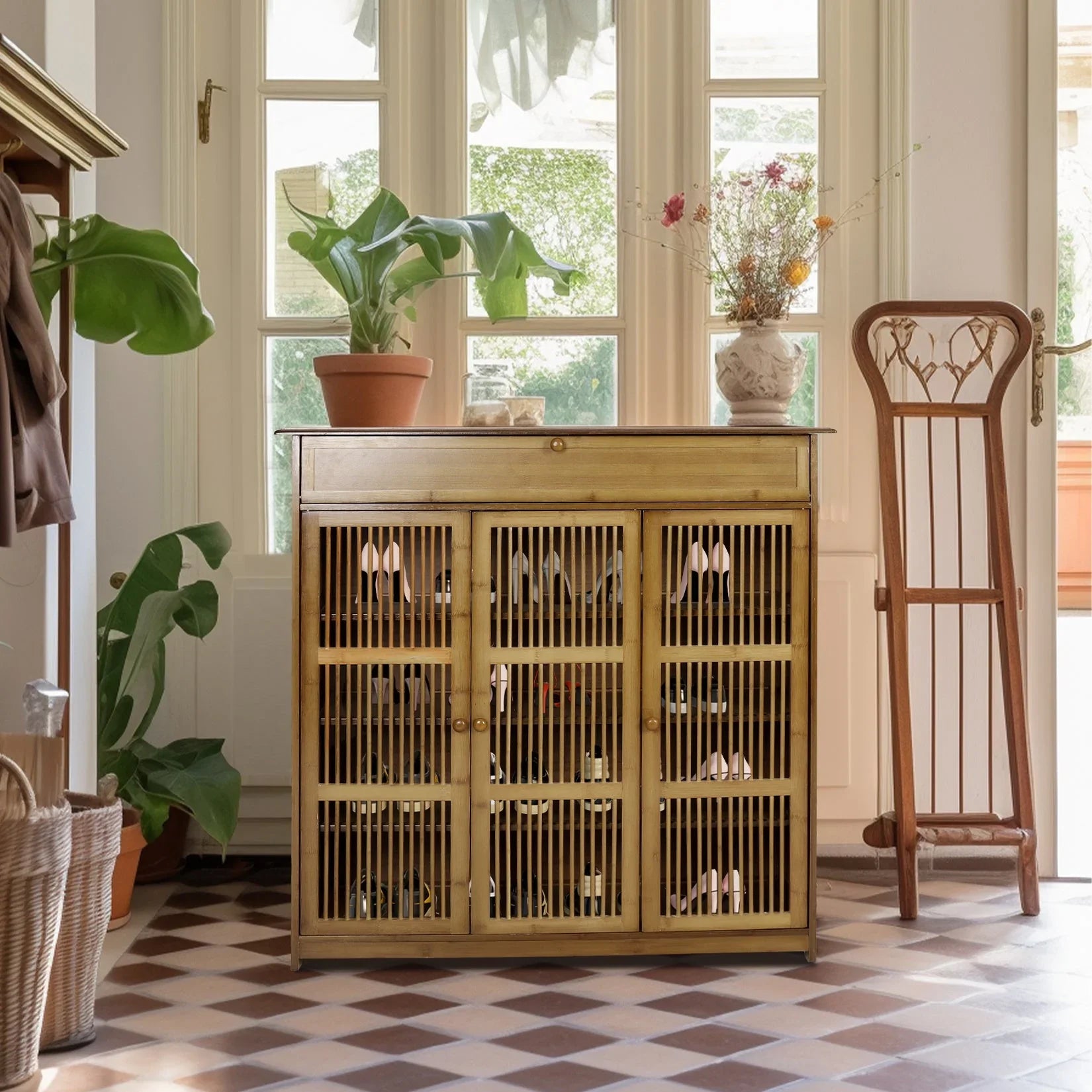 Shoes Rack Cabinet: Vintage Freestanding 4 Tier Shelves Shoe Storage Cabinet with 3 Hollow Doors Shoe Organizer Cabinet for Entryway, Closet, Hallway House Of Avana